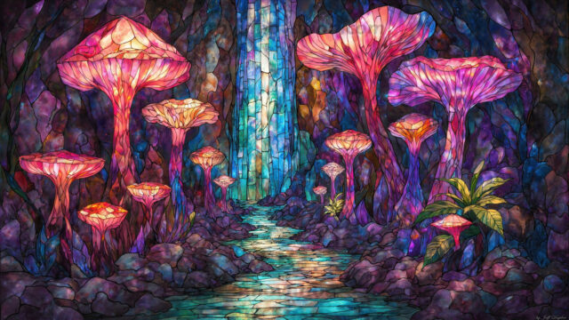 A vibrant and detailed fantasy photograph of an alien planet. Where every element appears meticulously crafted from iridescent stained glass. From a cave system, dominated by towering crystals, giant bioluminescent mushrooms, in all shapes and sizes, that glow in vibrant iridescent colors. A stream of iridescent blue water, flows down the center of the cave from a waterfall, off in the distance. The alien flora, vibrantly colored, attracting alien insects, like nothing you've ever seen. Glow worms hang down from the ceiling, emitting the entire spectrum of the rainbow in colors, they seem to dance and blend as if they are connected. Outside the cave system, the sky shimmers with a breathtaking aurora borealis that fills the sky, creating a cosmic spectacle of galaxies, nebulae, and radiant starlight, in this nighttime landscape.