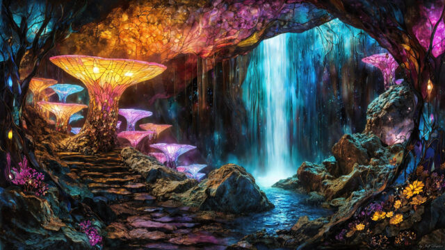 A vibrant and detailed fantasy photograph of an alien planet. Where every element appears meticulously crafted from iridescent stained glass. From a cave system, dominated by towering crystals, giant bioluminescent mushrooms, in all shapes and sizes, that glow in vibrant iridescent colors. A stream of iridescent blue water, flows down the center of the cave from a waterfall, off in the distance. The alien flora, vibrantly colored, attracting alien insects, like nothing you've ever seen. Glow worms hang down from the ceiling, emitting the entire spectrum of the rainbow in colors, they seem to dance and blend as if they are connected. Outside the cave system, the sky shimmers with a breathtaking aurora borealis that fills the sky, creating a cosmic spectacle of galaxies, nebulae, and radiant starlight, in this nighttime landscape.