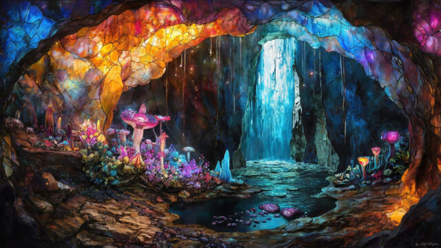 A vibrant and detailed fantasy photograph of an alien planet. Where every element appears meticulously crafted from iridescent stained glass. From a cave system, dominated by towering crystals, giant bioluminescent mushrooms, in all shapes and sizes, that glow in vibrant iridescent colors. A stream of iridescent blue water, flows down the center of the cave from a waterfall, off in the distance. The alien flora, vibrantly colored, attracting alien insects, like nothing you've ever seen. Glow worms hang down from the ceiling, emitting the entire spectrum of the rainbow in colors, they seem to dance and blend as if they are connected. Outside the cave system, the sky shimmers with a breathtaking aurora borealis that fills the sky, creating a cosmic spectacle of galaxies, nebulae, and radiant starlight, in this nighttime landscape.