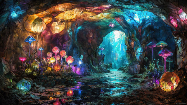 A vibrant and detailed fantasy photograph of an alien planet. Where every element appears meticulously crafted from iridescent stained glass. From a cave system, dominated by towering crystals, giant bioluminescent mushrooms, in all shapes and sizes, that glow in vibrant iridescent colors. A stream of iridescent blue water, flows down the center of the cave from a waterfall, off in the distance. The alien flora, vibrantly colored, attracting alien insects, like nothing you've ever seen. Glow worms hang down from the ceiling, emitting the entire spectrum of the rainbow in colors, they seem to dance and blend as if they are connected. Outside the cave system, the sky shimmers with a breathtaking aurora borealis that fills the sky, creating a cosmic spectacle of galaxies, nebulae, and radiant starlight, in this nighttime landscape.
