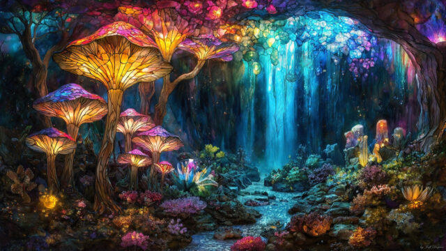 A vibrant and detailed fantasy photograph of an alien planet. Where every element appears meticulously crafted from iridescent stained glass. From a cave system, dominated by towering crystals, giant bioluminescent mushrooms, in all shapes and sizes, that glow in vibrant iridescent colors. A stream of iridescent blue water, flows down the center of the cave from a waterfall, off in the distance. The alien flora, vibrantly colored, attracting alien insects, like nothing you've ever seen. Glow worms hang down from the ceiling, emitting the entire spectrum of the rainbow in colors, they seem to dance and blend as if they are connected. Outside the cave system, the sky shimmers with a breathtaking aurora borealis that fills the sky, creating a cosmic spectacle of galaxies, nebulae, and radiant starlight, in this nighttime landscape.