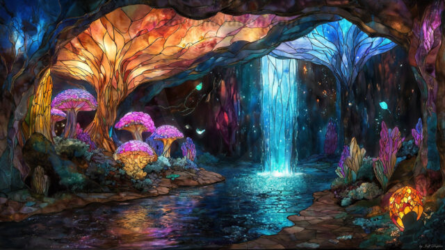 A vibrant and detailed fantasy photograph of an alien planet. Where every element appears meticulously crafted from iridescent stained glass. From a cave system, dominated by towering crystals, giant bioluminescent mushrooms, in all shapes and sizes, that glow in vibrant iridescent colors. A stream of iridescent blue water, flows down the center of the cave from a waterfall, off in the distance. The alien flora, vibrantly colored, attracting alien insects, like nothing you've ever seen. Glow worms hang down from the ceiling, emitting the entire spectrum of the rainbow in colors, they seem to dance and blend as if they are connected. Outside the cave system, the sky shimmers with a breathtaking aurora borealis that fills the sky, creating a cosmic spectacle of galaxies, nebulae, and radiant starlight, in this nighttime landscape.