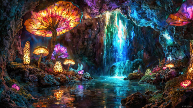 A vibrant and detailed fantasy photograph of an alien planet. Where every element appears meticulously crafted from iridescent stained glass. From a cave system, dominated by towering crystals, giant bioluminescent mushrooms, in all shapes and sizes, that glow in vibrant iridescent colors. A stream of iridescent blue water, flows down the center of the cave from a waterfall, off in the distance. The alien flora, vibrantly colored, attracting alien insects, like nothing you've ever seen. Glow worms hang down from the ceiling, emitting the entire spectrum of the rainbow in colors, they seem to dance and blend as if they are connected. Outside the cave system, the sky shimmers with a breathtaking aurora borealis that fills the sky, creating a cosmic spectacle of galaxies, nebulae, and radiant starlight, in this nighttime landscape.