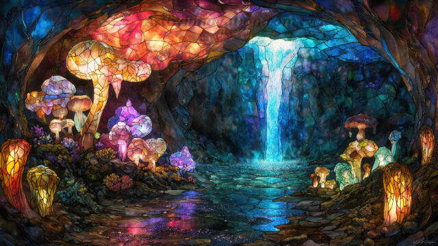 A vibrant and detailed fantasy photograph of an alien planet. Where every element appears meticulously crafted from iridescent stained glass. From a cave system, dominated by towering crystals, giant bioluminescent mushrooms, in all shapes and sizes, that glow in vibrant iridescent colors. A stream of iridescent blue water, flows down the center of the cave from a waterfall, off in the distance. The alien flora, vibrantly colored, attracting alien insects, like nothing you've ever seen. Glow worms hang down from the ceiling, emitting the entire spectrum of the rainbow in colors, they seem to dance and blend as if they are connected. Outside the cave system, the sky shimmers with a breathtaking aurora borealis that fills the sky, creating a cosmic spectacle of galaxies, nebulae, and radiant starlight, in this nighttime landscape.