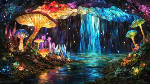 A vibrant and detailed fantasy photograph of an alien planet. Where every element appears meticulously crafted from iridescent stained glass. From a cave system, dominated by towering crystals, giant bioluminescent mushrooms, in all shapes and sizes, that glow in vibrant iridescent colors. A stream of iridescent blue water, flows down the center of the cave from a waterfall, off in the distance. The alien flora, vibrantly colored, attracting alien insects, like nothing you've ever seen. Glow worms hang down from the ceiling, emitting the entire spectrum of the rainbow in colors, they seem to dance and blend as if they are connected. Outside the cave system, the sky shimmers with a breathtaking aurora borealis that fills the sky, creating a cosmic spectacle of galaxies, nebulae, and radiant starlight, in this nighttime landscape.