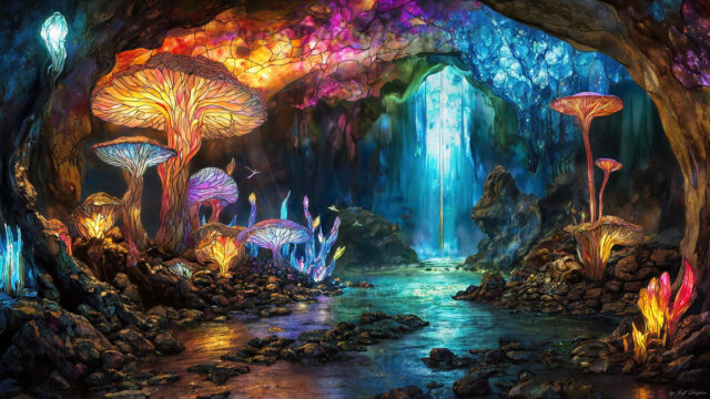 A vibrant and detailed fantasy photograph of an alien planet. Where every element appears meticulously crafted from iridescent stained glass. From a cave system, dominated by towering crystals, giant bioluminescent mushrooms, in all shapes and sizes, that glow in vibrant iridescent colors. A stream of iridescent blue water, flows down the center of the cave from a waterfall, off in the distance. The alien flora, vibrantly colored, attracting alien insects, like nothing you've ever seen. Glow worms hang down from the ceiling, emitting the entire spectrum of the rainbow in colors, they seem to dance and blend as if they are connected. Outside the cave system, the sky shimmers with a breathtaking aurora borealis that fills the sky, creating a cosmic spectacle of galaxies, nebulae, and radiant starlight, in this nighttime landscape.