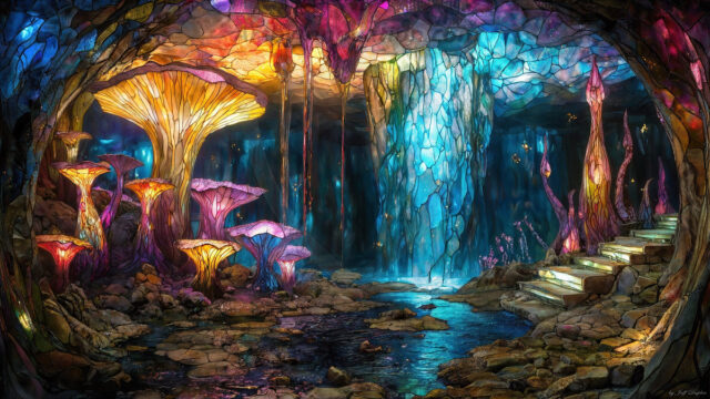 A vibrant and detailed fantasy photograph of an alien planet. Where every element appears meticulously crafted from iridescent stained glass. From a cave system, dominated by towering crystals, giant bioluminescent mushrooms, in all shapes and sizes, that glow in vibrant iridescent colors. A stream of iridescent blue water, flows down the center of the cave from a waterfall, off in the distance. The alien flora, vibrantly colored, attracting alien insects, like nothing you've ever seen. Glow worms hang down from the ceiling, emitting the entire spectrum of the rainbow in colors, they seem to dance and blend as if they are connected. Outside the cave system, the sky shimmers with a breathtaking aurora borealis that fills the sky, creating a cosmic spectacle of galaxies, nebulae, and radiant starlight, in this nighttime landscape.