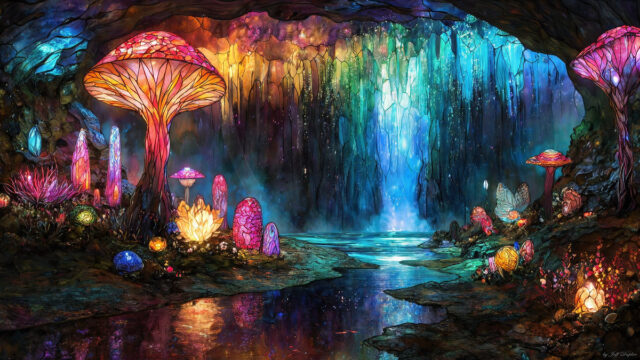 A vibrant and detailed fantasy photograph of an alien planet. Where every element appears meticulously crafted from iridescent stained glass. From a cave system, dominated by towering crystals, giant bioluminescent mushrooms, in all shapes and sizes, that glow in vibrant iridescent colors. A stream of iridescent blue water, flows down the center of the cave from a waterfall, off in the distance. The alien flora, vibrantly colored, attracting alien insects, like nothing you've ever seen. Glow worms hang down from the ceiling, emitting the entire spectrum of the rainbow in colors, they seem to dance and blend as if they are connected. Outside the cave system, the sky shimmers with a breathtaking aurora borealis that fills the sky, creating a cosmic spectacle of galaxies, nebulae, and radiant starlight, in this nighttime landscape.