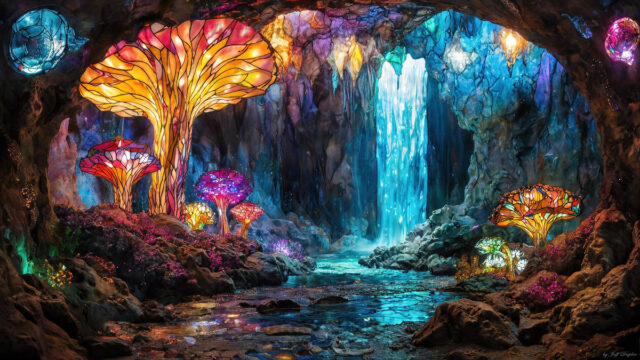 A vibrant and detailed fantasy photograph of an alien planet. Where every element appears meticulously crafted from iridescent stained glass. From a cave system, dominated by towering crystals, giant bioluminescent mushrooms, in all shapes and sizes, that glow in vibrant iridescent colors. A stream of iridescent blue water, flows down the center of the cave from a waterfall, off in the distance. The alien flora, vibrantly colored, attracting alien insects, like nothing you've ever seen. Glow worms hang down from the ceiling, emitting the entire spectrum of the rainbow in colors, they seem to dance and blend as if they are connected. Outside the cave system, the sky shimmers with a breathtaking aurora borealis that fills the sky, creating a cosmic spectacle of galaxies, nebulae, and radiant starlight, in this nighttime landscape.