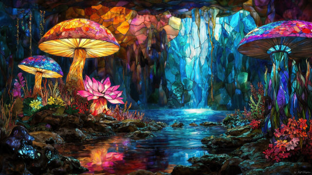 A vibrant and detailed fantasy photograph of an alien planet. Where every element appears meticulously crafted from iridescent stained glass. From a cave system, dominated by towering crystals, giant bioluminescent mushrooms, in all shapes and sizes, that glow in vibrant iridescent colors. A stream of iridescent blue water, flows down the center of the cave from a waterfall, off in the distance. The alien flora, vibrantly colored, attracting alien insects, like nothing you've ever seen. Glow worms hang down from the ceiling, emitting the entire spectrum of the rainbow in colors, they seem to dance and blend as if they are connected. Outside the cave system, the sky shimmers with a breathtaking aurora borealis that fills the sky, creating a cosmic spectacle of galaxies, nebulae, and radiant starlight, in this nighttime landscape.