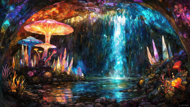A vibrant and detailed fantasy photograph of an alien planet. Where every element appears meticulously crafted from iridescent stained glass. From a cave system, dominated by towering crystals, giant bioluminescent mushrooms, in all shapes and sizes, that glow in vibrant iridescent colors. A stream of iridescent blue water, flows down the center of the cave from a waterfall, off in the distance. The alien flora, vibrantly colored, attracting alien insects, like nothing you've ever seen. Glow worms hang down from the ceiling, emitting the entire spectrum of the rainbow in colors, they seem to dance and blend as if they are connected. Outside the cave system, the sky shimmers with a breathtaking aurora borealis that fills the sky, creating a cosmic spectacle of galaxies, nebulae, and radiant starlight, in this nighttime landscape.
