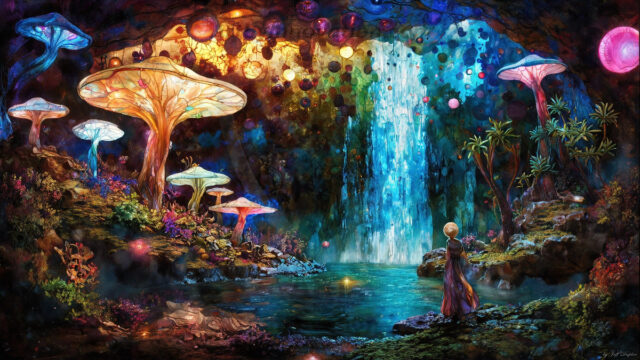 A vibrant and detailed fantasy photograph of an alien planet. Where every element appears meticulously crafted from iridescent stained glass. From a cave system, dominated by towering crystals, giant bioluminescent mushrooms, in all shapes and sizes, that glow in vibrant iridescent colors. A stream of iridescent blue water, flows down the center of the cave from a waterfall, off in the distance. The alien flora, vibrantly colored, attracting alien insects, like nothing you've ever seen. Glow worms hang down from the ceiling, emitting the entire spectrum of the rainbow in colors, they seem to dance and blend as if they are connected. Outside the cave system, the sky shimmers with a breathtaking aurora borealis that fills the sky, creating a cosmic spectacle of galaxies, nebulae, and radiant starlight, in this nighttime landscape.