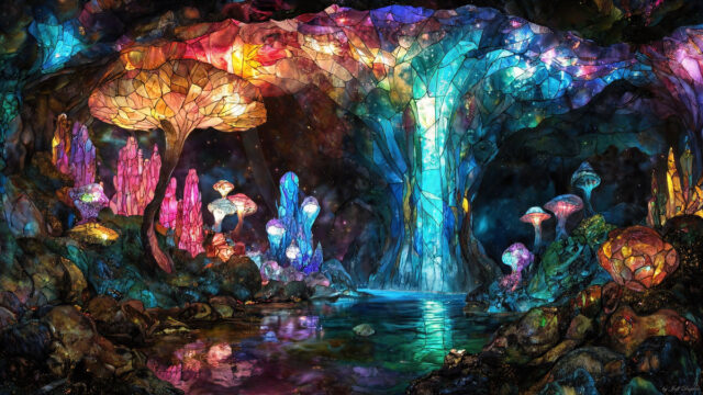 A vibrant and detailed fantasy photograph of an alien planet. Where every element appears meticulously crafted from iridescent stained glass. From a cave system, dominated by towering crystals, giant bioluminescent mushrooms, in all shapes and sizes, that glow in vibrant iridescent colors. A stream of iridescent blue water, flows down the center of the cave from a waterfall, off in the distance. The alien flora, vibrantly colored, attracting alien insects, like nothing you've ever seen. Glow worms hang down from the ceiling, emitting the entire spectrum of the rainbow in colors, they seem to dance and blend as if they are connected. Outside the cave system, the sky shimmers with a breathtaking aurora borealis that fills the sky, creating a cosmic spectacle of galaxies, nebulae, and radiant starlight, in this nighttime landscape.