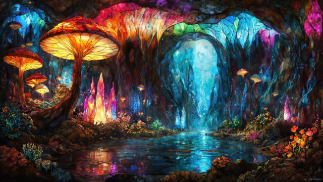 A vibrant and detailed fantasy photograph of an alien planet. Where every element appears meticulously crafted from iridescent stained glass. From a cave system, dominated by towering crystals, giant bioluminescent mushrooms, in all shapes and sizes, that glow in vibrant iridescent colors. A stream of iridescent blue water, flows down the center of the cave from a waterfall, off in the distance. The alien flora, vibrantly colored, attracting alien insects, like nothing you've ever seen. Glow worms hang down from the ceiling, emitting the entire spectrum of the rainbow in colors, they seem to dance and blend as if they are connected. Outside the cave system, the sky shimmers with a breathtaking aurora borealis that fills the sky, creating a cosmic spectacle of galaxies, nebulae, and radiant starlight, in this nighttime landscape.
