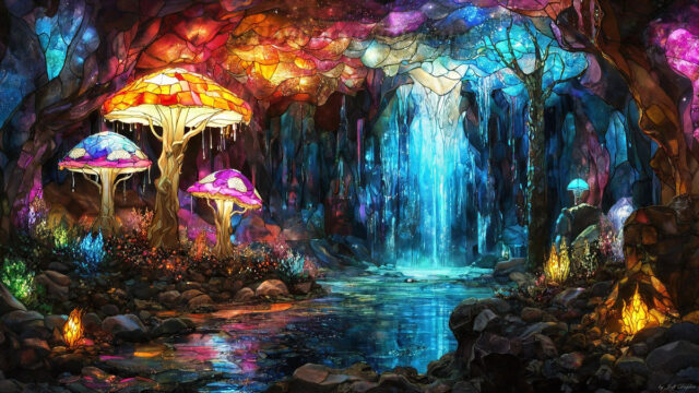 A vibrant and detailed fantasy photograph of an alien planet. Where every element appears meticulously crafted from iridescent stained glass. From a cave system, dominated by towering crystals, giant bioluminescent mushrooms, in all shapes and sizes, that glow in vibrant iridescent colors. A stream of iridescent blue water, flows down the center of the cave from a waterfall, off in the distance. The alien flora, vibrantly colored, attracting alien insects, like nothing you've ever seen. Glow worms hang down from the ceiling, emitting the entire spectrum of the rainbow in colors, they seem to dance and blend as if they are connected. Outside the cave system, the sky shimmers with a breathtaking aurora borealis that fills the sky, creating a cosmic spectacle of galaxies, nebulae, and radiant starlight, in this nighttime landscape.