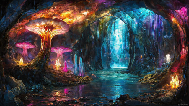 A vibrant and detailed fantasy photograph of an alien planet. Where every element appears meticulously crafted from iridescent stained glass. From a cave system, dominated by towering crystals, giant bioluminescent mushrooms, in all shapes and sizes, that glow in vibrant iridescent colors. A stream of iridescent blue water, flows down the center of the cave from a waterfall, off in the distance. The alien flora, vibrantly colored, attracting alien insects, like nothing you've ever seen. Glow worms hang down from the ceiling, emitting the entire spectrum of the rainbow in colors, they seem to dance and blend as if they are connected. Outside the cave system, the sky shimmers with a breathtaking aurora borealis that fills the sky, creating a cosmic spectacle of galaxies, nebulae, and radiant starlight, in this nighttime landscape.