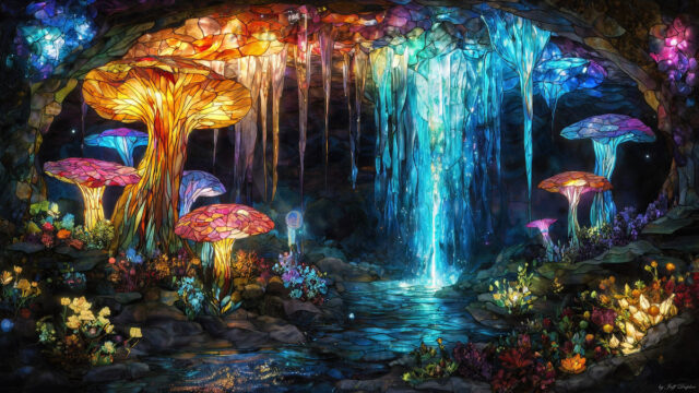 A vibrant and detailed fantasy photograph of an alien planet. Where every element appears meticulously crafted from iridescent stained glass. From a cave system, dominated by towering crystals, giant bioluminescent mushrooms, in all shapes and sizes, that glow in vibrant iridescent colors. A stream of iridescent blue water, flows down the center of the cave from a waterfall, off in the distance. The alien flora, vibrantly colored, attracting alien insects, like nothing you've ever seen. Glow worms hang down from the ceiling, emitting the entire spectrum of the rainbow in colors, they seem to dance and blend as if they are connected. Outside the cave system, the sky shimmers with a breathtaking aurora borealis that fills the sky, creating a cosmic spectacle of galaxies, nebulae, and radiant starlight, in this nighttime landscape.