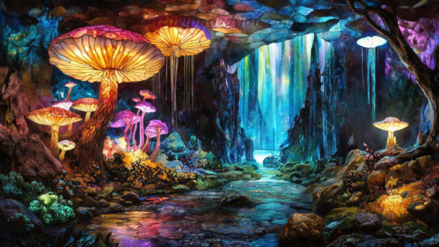 A vibrant and detailed fantasy photograph of an alien planet. Where every element appears meticulously crafted from iridescent stained glass. From a cave system, dominated by towering crystals, giant bioluminescent mushrooms, in all shapes and sizes, that glow in vibrant iridescent colors. A stream of iridescent blue water, flows down the center of the cave from a waterfall, off in the distance. The alien flora, vibrantly colored, attracting alien insects, like nothing you've ever seen. Glow worms hang down from the ceiling, emitting the entire spectrum of the rainbow in colors, they seem to dance and blend as if they are connected. Outside the cave system, the sky shimmers with a breathtaking aurora borealis that fills the sky, creating a cosmic spectacle of galaxies, nebulae, and radiant starlight, in this nighttime landscape.