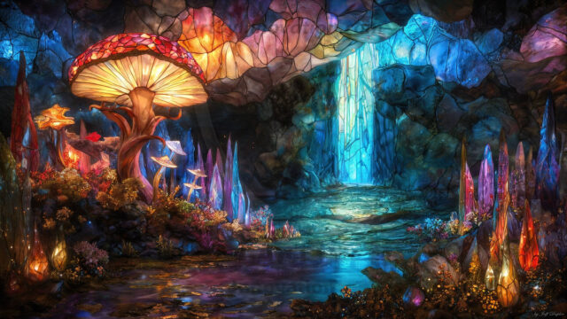 A vibrant and detailed fantasy photograph of an alien planet. Where every element appears meticulously crafted from iridescent stained glass. From a cave system, dominated by towering crystals, giant bioluminescent mushrooms, in all shapes and sizes, that glow in vibrant iridescent colors. A stream of iridescent blue water, flows down the center of the cave from a waterfall, off in the distance. The alien flora, vibrantly colored, attracting alien insects, like nothing you've ever seen. Glow worms hang down from the ceiling, emitting the entire spectrum of the rainbow in colors, they seem to dance and blend as if they are connected. Outside the cave system, the sky shimmers with a breathtaking aurora borealis that fills the sky, creating a cosmic spectacle of galaxies, nebulae, and radiant starlight, in this nighttime landscape.