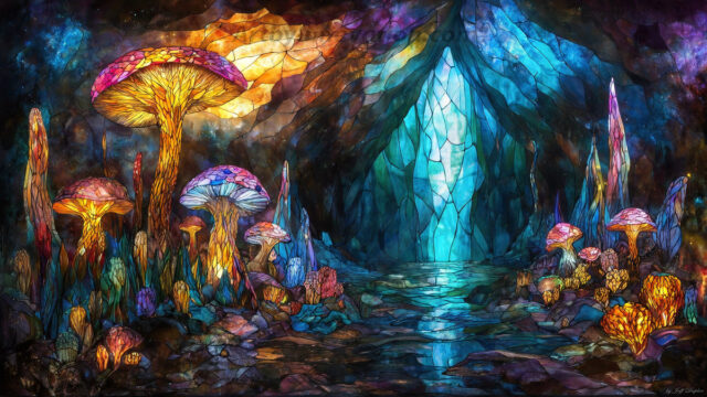 A vibrant and detailed fantasy photograph of an alien planet. Where every element appears meticulously crafted from iridescent stained glass. From a cave system, dominated by towering crystals, giant bioluminescent mushrooms, in all shapes and sizes, that glow in vibrant iridescent colors. A stream of iridescent blue water, flows down the center of the cave from a waterfall, off in the distance. The alien flora, vibrantly colored, attracting alien insects, like nothing you've ever seen. Glow worms hang down from the ceiling, emitting the entire spectrum of the rainbow in colors, they seem to dance and blend as if they are connected. Outside the cave system, the sky shimmers with a breathtaking aurora borealis that fills the sky, creating a cosmic spectacle of galaxies, nebulae, and radiant starlight, in this nighttime landscape.