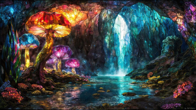 A vibrant and detailed fantasy photograph of an alien planet. Where every element appears meticulously crafted from iridescent stained glass. From a cave system, dominated by towering crystals, giant bioluminescent mushrooms, in all shapes and sizes, that glow in vibrant iridescent colors. A stream of iridescent blue water, flows down the center of the cave from a waterfall, off in the distance. The alien flora, vibrantly colored, attracting alien insects, like nothing you've ever seen. Glow worms hang down from the ceiling, emitting the entire spectrum of the rainbow in colors, they seem to dance and blend as if they are connected. Outside the cave system, the sky shimmers with a breathtaking aurora borealis that fills the sky, creating a cosmic spectacle of galaxies, nebulae, and radiant starlight, in this nighttime landscape.