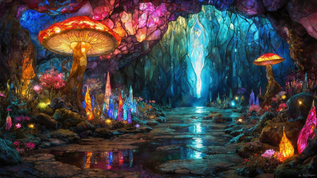 A vibrant and detailed fantasy photograph of an alien planet. Where every element appears meticulously crafted from iridescent stained glass. From a cave system, dominated by towering crystals, giant bioluminescent mushrooms, in all shapes and sizes, that glow in vibrant iridescent colors. A stream of iridescent blue water, flows down the center of the cave from a waterfall, off in the distance. The alien flora, vibrantly colored, attracting alien insects, like nothing you've ever seen. Glow worms hang down from the ceiling, emitting the entire spectrum of the rainbow in colors, they seem to dance and blend as if they are connected. Outside the cave system, the sky shimmers with a breathtaking aurora borealis that fills the sky, creating a cosmic spectacle of galaxies, nebulae, and radiant starlight, in this nighttime landscape.