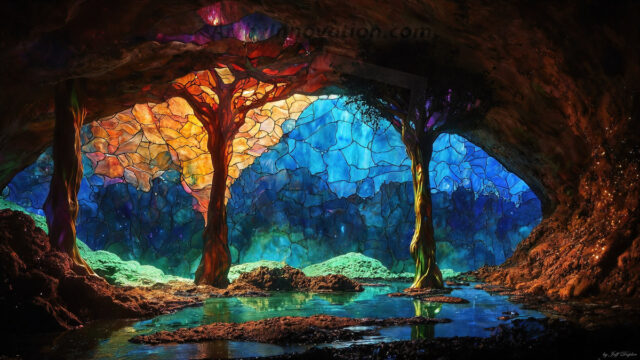 A vibrant and detailed fantasy photograph of an alien planet. Where every element appears meticulously crafted from iridescent stained glass. From a cave system, dominated by towering crystals, giant bioluminescent mushrooms, in all shapes and sizes, that glow in vibrant iridescent colors. A stream of iridescent blue water, flows down the center of the cave from a waterfall, off in the distance. The alien flora, vibrantly colored, attracting alien insects, like nothing you've ever seen. Glow worms hang down from the ceiling, emitting the entire spectrum of the rainbow in colors, they seem to dance and blend as if they are connected. Outside the cave system, the sky shimmers with a breathtaking aurora borealis that fills the sky, creating a cosmic spectacle of galaxies, nebulae, and radiant starlight, in this nighttime landscape.
