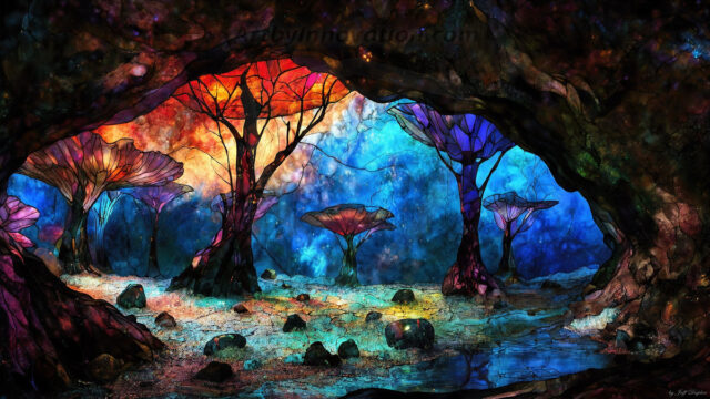 A vibrant and detailed fantasy photograph of an alien planet. Where every element appears meticulously crafted from iridescent stained glass. From a cave system, dominated by towering crystals, giant bioluminescent mushrooms, in all shapes and sizes, that glow in vibrant iridescent colors. A stream of iridescent blue water, flows down the center of the cave from a waterfall, off in the distance. The alien flora, vibrantly colored, attracting alien insects, like nothing you've ever seen. Glow worms hang down from the ceiling, emitting the entire spectrum of the rainbow in colors, they seem to dance and blend as if they are connected. Outside the cave system, the sky shimmers with a breathtaking aurora borealis that fills the sky, creating a cosmic spectacle of galaxies, nebulae, and radiant starlight, in this nighttime landscape.