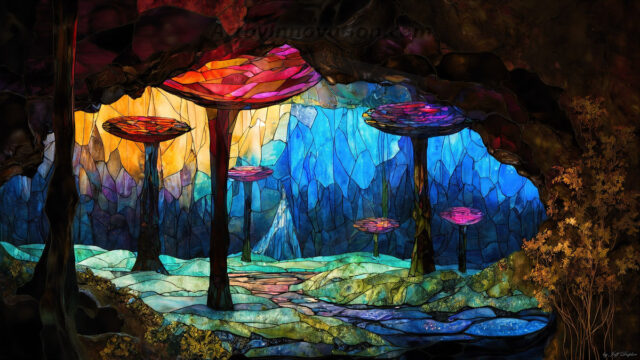 A vibrant and detailed fantasy photograph of an alien planet. Where every element appears meticulously crafted from iridescent stained glass. From a cave system, dominated by towering crystals, giant bioluminescent mushrooms, in all shapes and sizes, that glow in vibrant iridescent colors. A stream of iridescent blue water, flows down the center of the cave from a waterfall, off in the distance. The alien flora, vibrantly colored, attracting alien insects, like nothing you've ever seen. Glow worms hang down from the ceiling, emitting the entire spectrum of the rainbow in colors, they seem to dance and blend as if they are connected. Outside the cave system, the sky shimmers with a breathtaking aurora borealis that fills the sky, creating a cosmic spectacle of galaxies, nebulae, and radiant starlight, in this nighttime landscape.