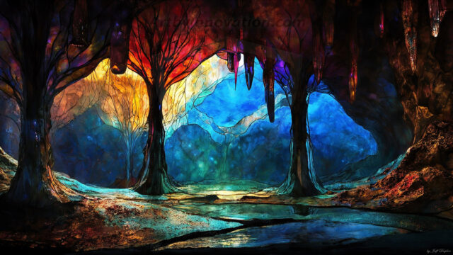 A vibrant and detailed fantasy photograph of an alien planet. Where every element appears meticulously crafted from iridescent stained glass. From a cave system, dominated by towering crystals, giant bioluminescent mushrooms, in all shapes and sizes, that glow in vibrant iridescent colors. A stream of iridescent blue water, flows down the center of the cave from a waterfall, off in the distance. The alien flora, vibrantly colored, attracting alien insects, like nothing you've ever seen. Glow worms hang down from the ceiling, emitting the entire spectrum of the rainbow in colors, they seem to dance and blend as if they are connected. Outside the cave system, the sky shimmers with a breathtaking aurora borealis that fills the sky, creating a cosmic spectacle of galaxies, nebulae, and radiant starlight, in this nighttime landscape.