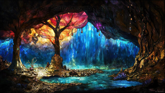 A vibrant and detailed fantasy photograph of an alien planet. Where every element appears meticulously crafted from iridescent stained glass. From a cave system, dominated by towering crystals, giant bioluminescent mushrooms, in all shapes and sizes, that glow in vibrant iridescent colors. A stream of iridescent blue water, flows down the center of the cave from a waterfall, off in the distance. The alien flora, vibrantly colored, attracting alien insects, like nothing you've ever seen. Glow worms hang down from the ceiling, emitting the entire spectrum of the rainbow in colors, they seem to dance and blend as if they are connected. Outside the cave system, the sky shimmers with a breathtaking aurora borealis that fills the sky, creating a cosmic spectacle of galaxies, nebulae, and radiant starlight, in this nighttime landscape.