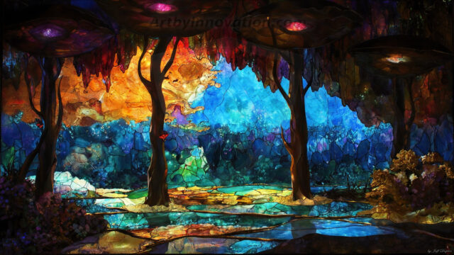 A vibrant and detailed fantasy photograph of an alien planet. Where every element appears meticulously crafted from iridescent stained glass. From a cave system, dominated by towering crystals, giant bioluminescent mushrooms, in all shapes and sizes, that glow in vibrant iridescent colors. A stream of iridescent blue water, flows down the center of the cave from a waterfall, off in the distance. The alien flora, vibrantly colored, attracting alien insects, like nothing you've ever seen. Glow worms hang down from the ceiling, emitting the entire spectrum of the rainbow in colors, they seem to dance and blend as if they are connected. Outside the cave system, the sky shimmers with a breathtaking aurora borealis that fills the sky, creating a cosmic spectacle of galaxies, nebulae, and radiant starlight, in this nighttime landscape.