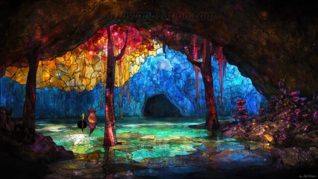 A vibrant and detailed fantasy photograph of an alien planet. Where every element appears meticulously crafted from iridescent stained glass. From a cave system, dominated by towering crystals, giant bioluminescent mushrooms, in all shapes and sizes, that glow in vibrant iridescent colors. A stream of iridescent blue water, flows down the center of the cave from a waterfall, off in the distance. The alien flora, vibrantly colored, attracting alien insects, like nothing you've ever seen. Glow worms hang down from the ceiling, emitting the entire spectrum of the rainbow in colors, they seem to dance and blend as if they are connected. Outside the cave system, the sky shimmers with a breathtaking aurora borealis that fills the sky, creating a cosmic spectacle of galaxies, nebulae, and radiant starlight, in this nighttime landscape.