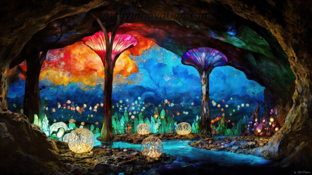 A vibrant and detailed fantasy photograph of an alien planet. Where every element appears meticulously crafted from iridescent stained glass. From a cave system, dominated by towering crystals, giant bioluminescent mushrooms, in all shapes and sizes, that glow in vibrant iridescent colors. A stream of iridescent blue water, flows down the center of the cave from a waterfall, off in the distance. The alien flora, vibrantly colored, attracting alien insects, like nothing you've ever seen. Glow worms hang down from the ceiling, emitting the entire spectrum of the rainbow in colors, they seem to dance and blend as if they are connected. Outside the cave system, the sky shimmers with a breathtaking aurora borealis that fills the sky, creating a cosmic spectacle of galaxies, nebulae, and radiant starlight, in this nighttime landscape.