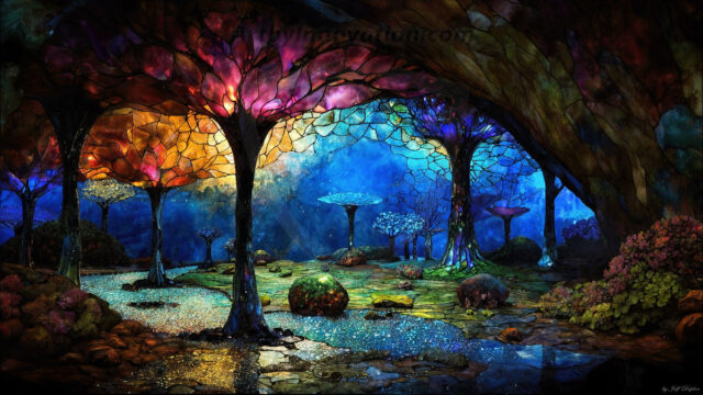 A vibrant and detailed fantasy photograph of an alien planet. Where every element appears meticulously crafted from iridescent stained glass. From a cave system, dominated by towering crystals, giant bioluminescent mushrooms, in all shapes and sizes, that glow in vibrant iridescent colors. A stream of iridescent blue water, flows down the center of the cave from a waterfall, off in the distance. The alien flora, vibrantly colored, attracting alien insects, like nothing you've ever seen. Glow worms hang down from the ceiling, emitting the entire spectrum of the rainbow in colors, they seem to dance and blend as if they are connected. Outside the cave system, the sky shimmers with a breathtaking aurora borealis that fills the sky, creating a cosmic spectacle of galaxies, nebulae, and radiant starlight, in this nighttime landscape.