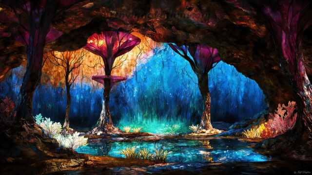 A vibrant and detailed fantasy photograph of an alien planet. Where every element appears meticulously crafted from iridescent stained glass. From a cave system, dominated by towering crystals, giant bioluminescent mushrooms, in all shapes and sizes, that glow in vibrant iridescent colors. A stream of iridescent blue water, flows down the center of the cave from a waterfall, off in the distance. The alien flora, vibrantly colored, attracting alien insects, like nothing you've ever seen. Glow worms hang down from the ceiling, emitting the entire spectrum of the rainbow in colors, they seem to dance and blend as if they are connected. Outside the cave system, the sky shimmers with a breathtaking aurora borealis that fills the sky, creating a cosmic spectacle of galaxies, nebulae, and radiant starlight, in this nighttime landscape.