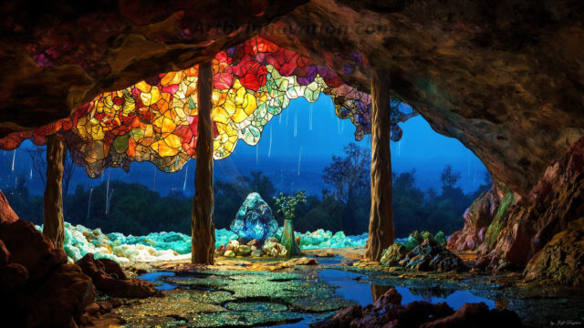 A vibrant and detailed fantasy photograph of an alien planet. Where every element appears meticulously crafted from iridescent stained glass. From a cave system, dominated by towering crystals, giant bioluminescent mushrooms, in all shapes and sizes, that glow in vibrant iridescent colors. A stream of iridescent blue water, flows down the center of the cave from a waterfall, off in the distance. The alien flora, vibrantly colored, attracting alien insects, like nothing you've ever seen. Glow worms hang down from the ceiling, emitting the entire spectrum of the rainbow in colors, they seem to dance and blend as if they are connected. Outside the cave system, the sky shimmers with a breathtaking aurora borealis that fills the sky, creating a cosmic spectacle of galaxies, nebulae, and radiant starlight, in this nighttime landscape.