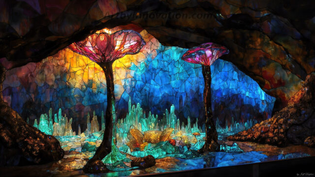 A vibrant and detailed fantasy photograph of an alien planet. Where every element appears meticulously crafted from iridescent stained glass. From a cave system, dominated by towering crystals, giant bioluminescent mushrooms, in all shapes and sizes, that glow in vibrant iridescent colors. A stream of iridescent blue water, flows down the center of the cave from a waterfall, off in the distance. The alien flora, vibrantly colored, attracting alien insects, like nothing you've ever seen. Glow worms hang down from the ceiling, emitting the entire spectrum of the rainbow in colors, they seem to dance and blend as if they are connected. Outside the cave system, the sky shimmers with a breathtaking aurora borealis that fills the sky, creating a cosmic spectacle of galaxies, nebulae, and radiant starlight, in this nighttime landscape.