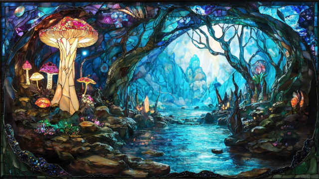 A vibrant and detailed fantasy photograph of an alien planet. Where every element appears meticulously crafted from iridescent stained glass. From a cave system, dominated by towering crystals, giant bioluminescent mushrooms, in all shapes and sizes, that glow in vibrant iridescent colors. A stream of iridescent blue water, flows down the center of the cave from a waterfall, off in the distance. The alien flora, vibrantly colored, attracting alien insects, like nothing you've ever seen. Glow worms hang down from the ceiling, emitting the entire spectrum of the rainbow in colors, they seem to dance and blend as if they are connected. Outside the cave system, the sky shimmers with a breathtaking aurora borealis that fills the sky, creating a cosmic spectacle of galaxies, nebulae, and radiant starlight, in this nighttime landscape.