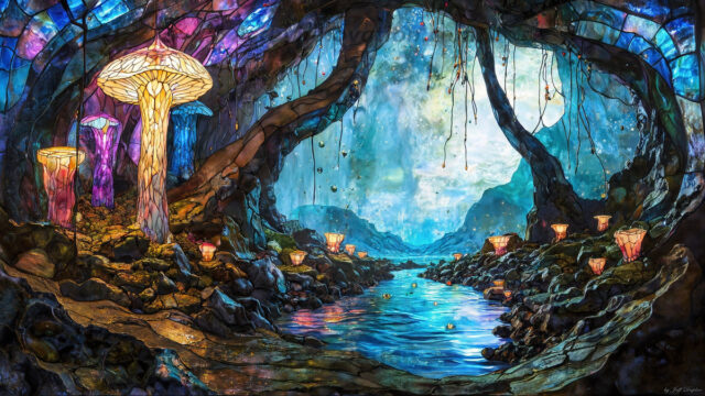 A vibrant and detailed fantasy photograph of an alien planet. Where every element appears meticulously crafted from iridescent stained glass. From a cave system, dominated by towering crystals, giant bioluminescent mushrooms, in all shapes and sizes, that glow in vibrant iridescent colors. A stream of iridescent blue water, flows down the center of the cave from a waterfall, off in the distance. The alien flora, vibrantly colored, attracting alien insects, like nothing you've ever seen. Glow worms hang down from the ceiling, emitting the entire spectrum of the rainbow in colors, they seem to dance and blend as if they are connected. Outside the cave system, the sky shimmers with a breathtaking aurora borealis that fills the sky, creating a cosmic spectacle of galaxies, nebulae, and radiant starlight, in this nighttime landscape.