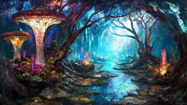 A vibrant and detailed fantasy photograph of an alien planet. Where every element appears meticulously crafted from iridescent stained glass. From a cave system, dominated by towering crystals, giant bioluminescent mushrooms, in all shapes and sizes, that glow in vibrant iridescent colors. A stream of iridescent blue water, flows down the center of the cave from a waterfall, off in the distance. The alien flora, vibrantly colored, attracting alien insects, like nothing you've ever seen. Glow worms hang down from the ceiling, emitting the entire spectrum of the rainbow in colors, they seem to dance and blend as if they are connected. Outside the cave system, the sky shimmers with a breathtaking aurora borealis that fills the sky, creating a cosmic spectacle of galaxies, nebulae, and radiant starlight, in this nighttime landscape.