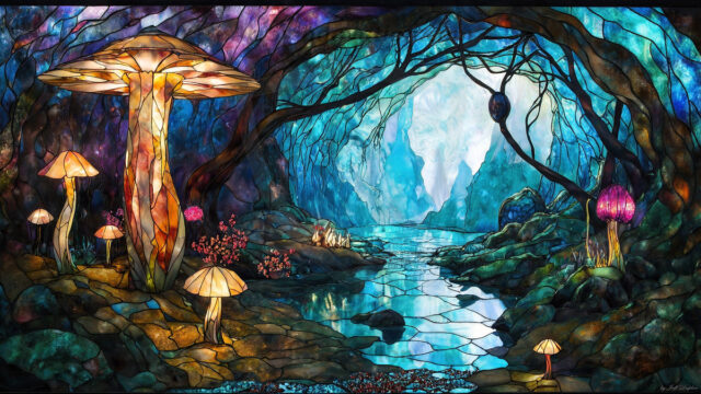 A vibrant and detailed fantasy photograph of an alien planet. Where every element appears meticulously crafted from iridescent stained glass. From a cave system, dominated by towering crystals, giant bioluminescent mushrooms, in all shapes and sizes, that glow in vibrant iridescent colors. A stream of iridescent blue water, flows down the center of the cave from a waterfall, off in the distance. The alien flora, vibrantly colored, attracting alien insects, like nothing you've ever seen. Glow worms hang down from the ceiling, emitting the entire spectrum of the rainbow in colors, they seem to dance and blend as if they are connected. Outside the cave system, the sky shimmers with a breathtaking aurora borealis that fills the sky, creating a cosmic spectacle of galaxies, nebulae, and radiant starlight, in this nighttime landscape.