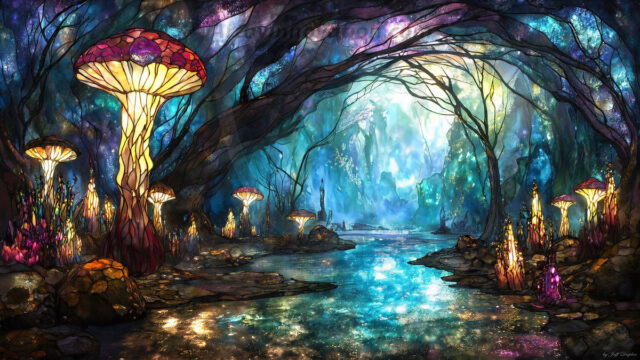 A vibrant and detailed fantasy photograph of an alien planet. Where every element appears meticulously crafted from iridescent stained glass. From a cave system, dominated by towering crystals, giant bioluminescent mushrooms, in all shapes and sizes, that glow in vibrant iridescent colors. A stream of iridescent blue water, flows down the center of the cave from a waterfall, off in the distance. The alien flora, vibrantly colored, attracting alien insects, like nothing you've ever seen. Glow worms hang down from the ceiling, emitting the entire spectrum of the rainbow in colors, they seem to dance and blend as if they are connected. Outside the cave system, the sky shimmers with a breathtaking aurora borealis that fills the sky, creating a cosmic spectacle of galaxies, nebulae, and radiant starlight, in this nighttime landscape.