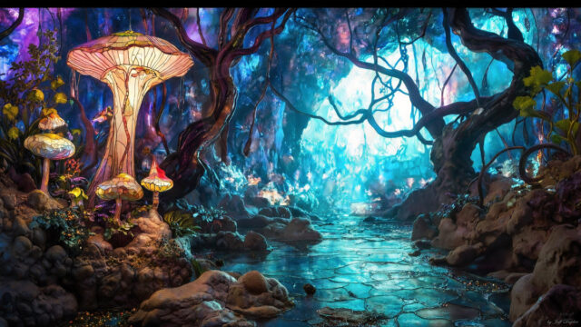 A vibrant and detailed fantasy photograph of an alien planet. Where every element appears meticulously crafted from iridescent stained glass. From a cave system, dominated by towering crystals, giant bioluminescent mushrooms, in all shapes and sizes, that glow in vibrant iridescent colors. A stream of iridescent blue water, flows down the center of the cave from a waterfall, off in the distance. The alien flora, vibrantly colored, attracting alien insects, like nothing you've ever seen. Glow worms hang down from the ceiling, emitting the entire spectrum of the rainbow in colors, they seem to dance and blend as if they are connected. Outside the cave system, the sky shimmers with a breathtaking aurora borealis that fills the sky, creating a cosmic spectacle of galaxies, nebulae, and radiant starlight, in this nighttime landscape.