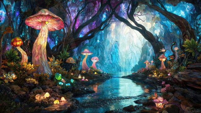 A vibrant and detailed fantasy photograph of an alien planet. Where every element appears meticulously crafted from iridescent stained glass. From a cave system, dominated by towering crystals, giant bioluminescent mushrooms, in all shapes and sizes, that glow in vibrant iridescent colors. A stream of iridescent blue water, flows down the center of the cave from a waterfall, off in the distance. The alien flora, vibrantly colored, attracting alien insects, like nothing you've ever seen. Glow worms hang down from the ceiling, emitting the entire spectrum of the rainbow in colors, they seem to dance and blend as if they are connected. Outside the cave system, the sky shimmers with a breathtaking aurora borealis that fills the sky, creating a cosmic spectacle of galaxies, nebulae, and radiant starlight, in this nighttime landscape.