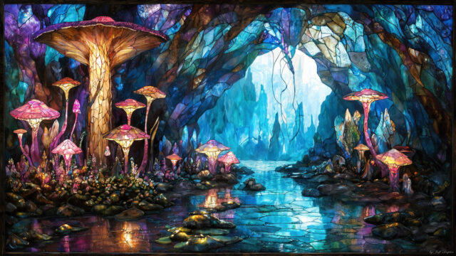 A vibrant and detailed fantasy photograph of an alien planet. Where every element appears meticulously crafted from iridescent stained glass. From a cave system, dominated by towering crystals, giant bioluminescent mushrooms, in all shapes and sizes, that glow in vibrant iridescent colors. A stream of iridescent blue water, flows down the center of the cave from a waterfall, off in the distance. The alien flora, vibrantly colored, attracting alien insects, like nothing you've ever seen. Glow worms hang down from the ceiling, emitting the entire spectrum of the rainbow in colors, they seem to dance and blend as if they are connected. Outside the cave system, the sky shimmers with a breathtaking aurora borealis that fills the sky, creating a cosmic spectacle of galaxies, nebulae, and radiant starlight, in this nighttime landscape.