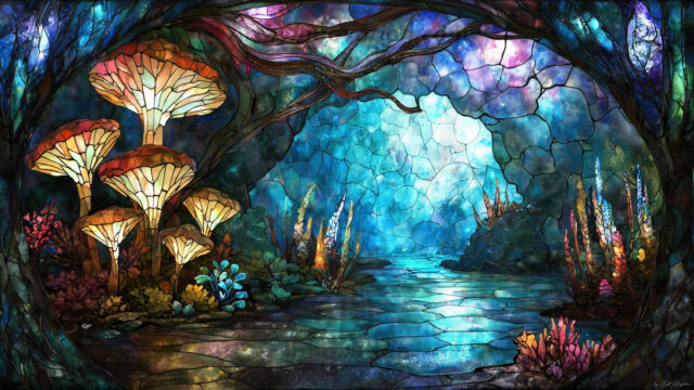 A vibrant and detailed fantasy photograph of an alien planet. Where every element appears meticulously crafted from iridescent stained glass. From a cave system, dominated by towering crystals, giant bioluminescent mushrooms, in all shapes and sizes, that glow in vibrant iridescent colors. A stream of iridescent blue water, flows down the center of the cave from a waterfall, off in the distance. The alien flora, vibrantly colored, attracting alien insects, like nothing you've ever seen. Glow worms hang down from the ceiling, emitting the entire spectrum of the rainbow in colors, they seem to dance and blend as if they are connected. Outside the cave system, the sky shimmers with a breathtaking aurora borealis that fills the sky, creating a cosmic spectacle of galaxies, nebulae, and radiant starlight, in this nighttime landscape.