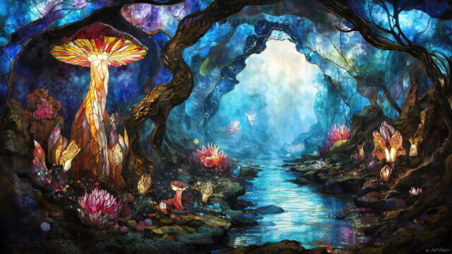 A vibrant and detailed fantasy photograph of an alien planet. Where every element appears meticulously crafted from iridescent stained glass. From a cave system, dominated by towering crystals, giant bioluminescent mushrooms, in all shapes and sizes, that glow in vibrant iridescent colors. A stream of iridescent blue water, flows down the center of the cave from a waterfall, off in the distance. The alien flora, vibrantly colored, attracting alien insects, like nothing you've ever seen. Glow worms hang down from the ceiling, emitting the entire spectrum of the rainbow in colors, they seem to dance and blend as if they are connected. Outside the cave system, the sky shimmers with a breathtaking aurora borealis that fills the sky, creating a cosmic spectacle of galaxies, nebulae, and radiant starlight, in this nighttime landscape.