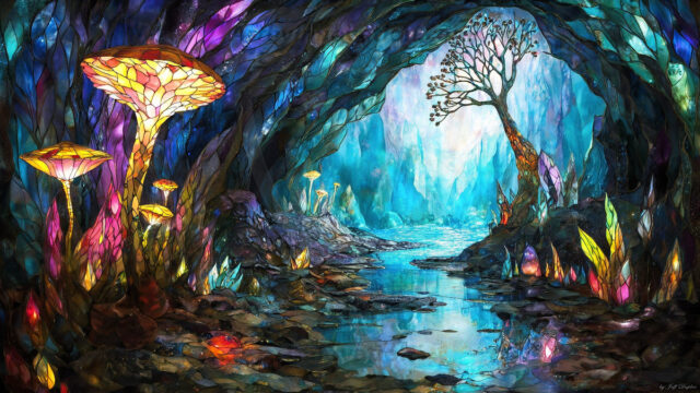 A vibrant and detailed fantasy photograph of an alien planet. Where every element appears meticulously crafted from iridescent stained glass. From a cave system, dominated by towering crystals, giant bioluminescent mushrooms, in all shapes and sizes, that glow in vibrant iridescent colors. A stream of iridescent blue water, flows down the center of the cave from a waterfall, off in the distance. The alien flora, vibrantly colored, attracting alien insects, like nothing you've ever seen. Glow worms hang down from the ceiling, emitting the entire spectrum of the rainbow in colors, they seem to dance and blend as if they are connected. Outside the cave system, the sky shimmers with a breathtaking aurora borealis that fills the sky, creating a cosmic spectacle of galaxies, nebulae, and radiant starlight, in this nighttime landscape.