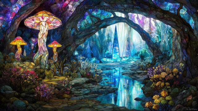 A vibrant and detailed fantasy photograph of an alien planet. Where every element appears meticulously crafted from iridescent stained glass. From a cave system, dominated by towering crystals, giant bioluminescent mushrooms, in all shapes and sizes, that glow in vibrant iridescent colors. A stream of iridescent blue water, flows down the center of the cave from a waterfall, off in the distance. The alien flora, vibrantly colored, attracting alien insects, like nothing you've ever seen. Glow worms hang down from the ceiling, emitting the entire spectrum of the rainbow in colors, they seem to dance and blend as if they are connected. Outside the cave system, the sky shimmers with a breathtaking aurora borealis that fills the sky, creating a cosmic spectacle of galaxies, nebulae, and radiant starlight, in this nighttime landscape.